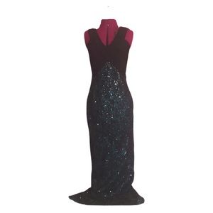 Calvin Klein Black and Teal Sequin Gown With Lace